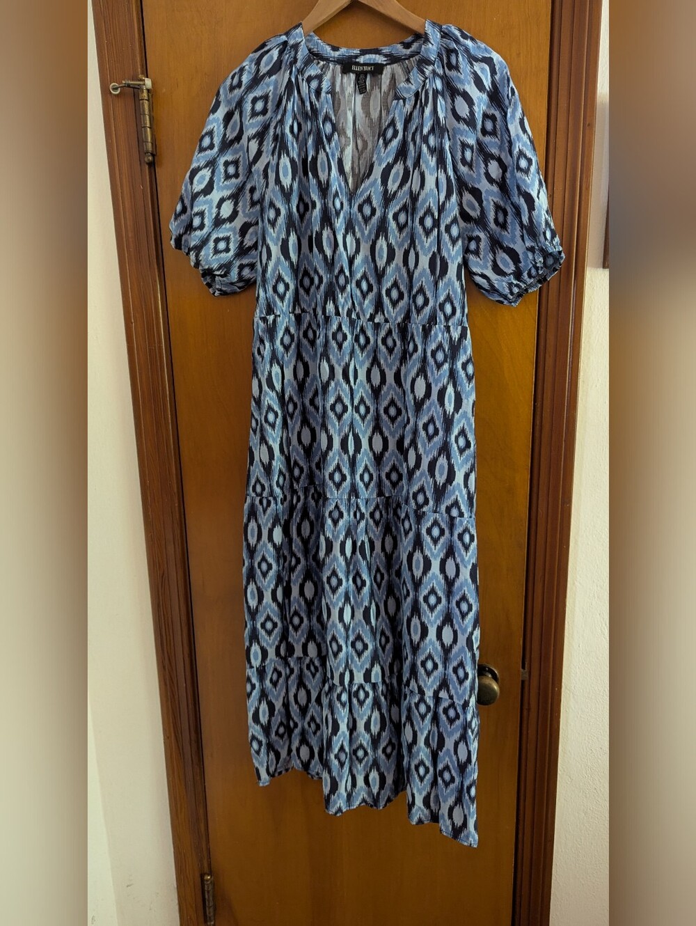 Ellen Tracy Blue Ikat V-Neck Tiered Maxi Dress